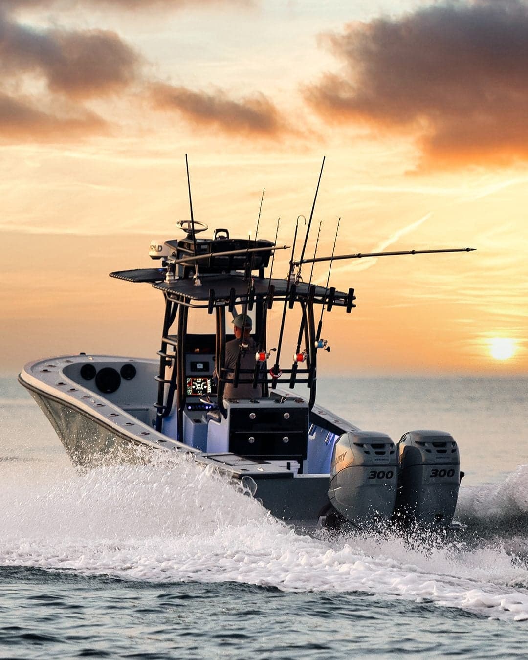 Professional aerial drone fishing boat photography at golden hour sunset in South Florida - Premium marine photography from above